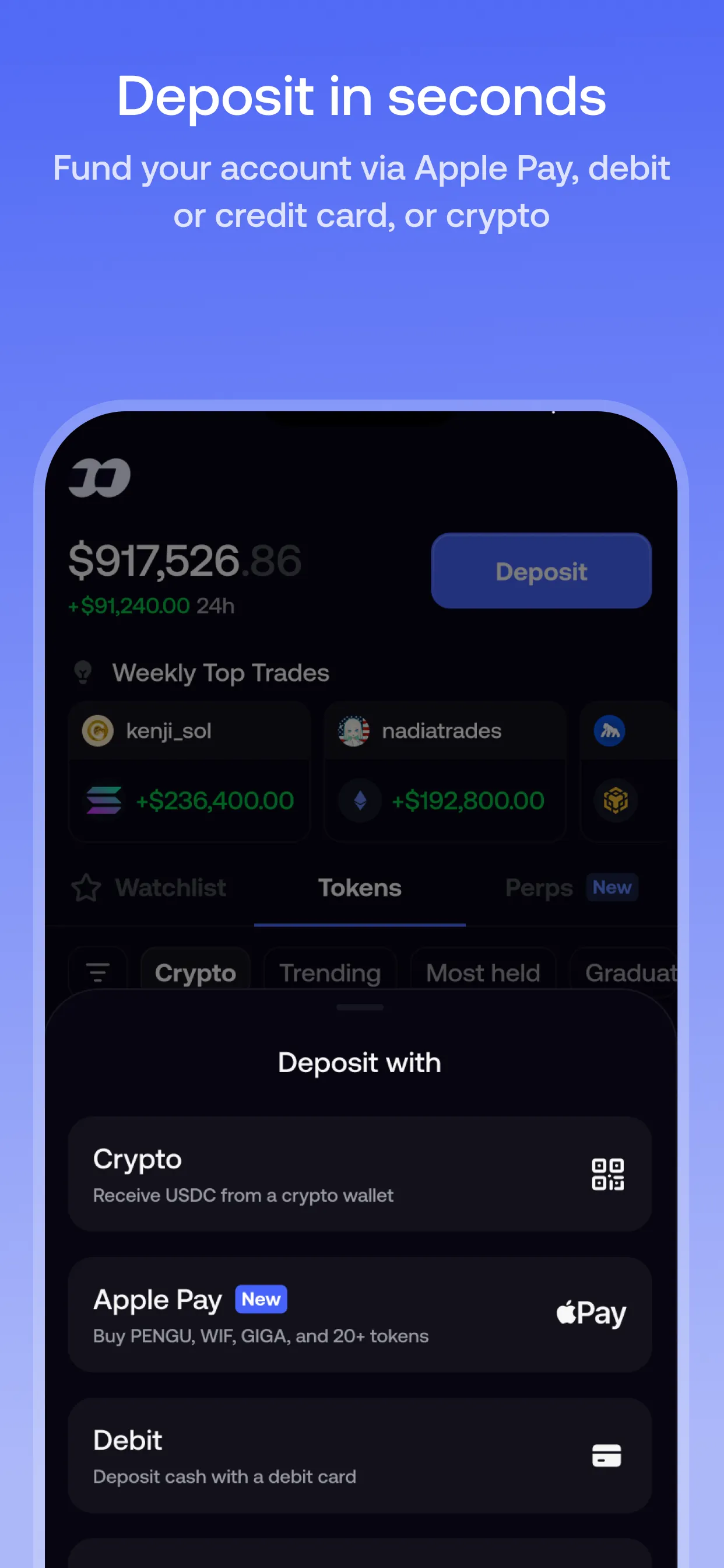 Fomo deposit sheet offering crypto, Apple Pay and debit card options