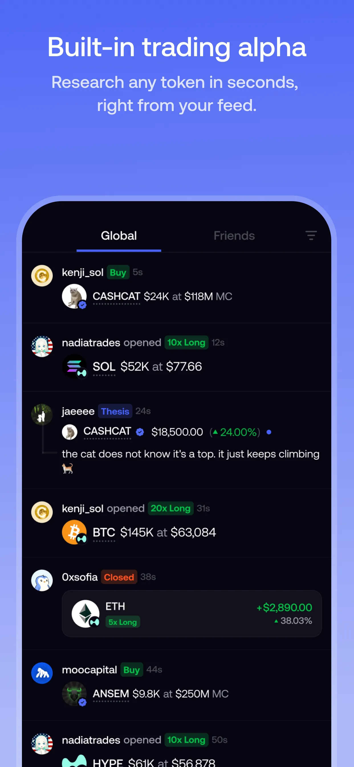Fomo feed showing traders buying and opening positions, with thesis tags