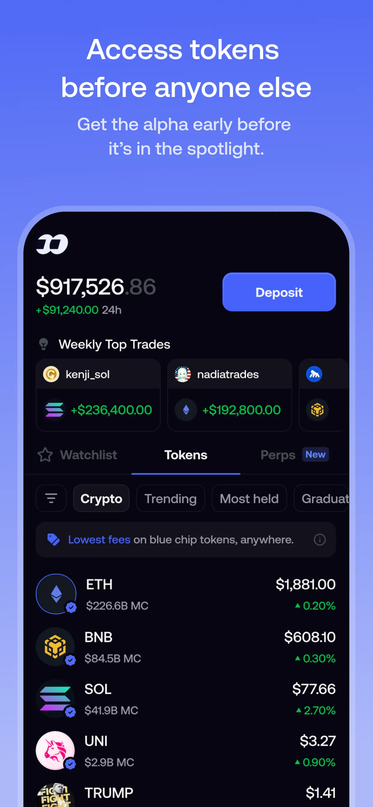 Fomo home screen with portfolio value, weekly top trades and the token list